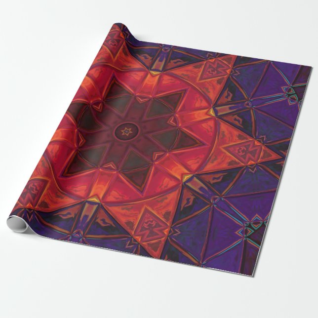 Papel De Presente Mosaico Caleidoscópio Flor Vermelho e Roxo (Desenrolado)