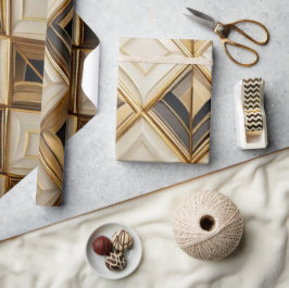 Papel De Presente Mosaico Geométrico Art Déco Elegante em Ouro e Cre