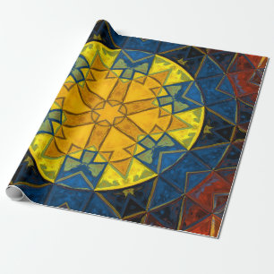 Papel De Presente Mosaico Mandala Flor Amarelo Azul e Vermelho