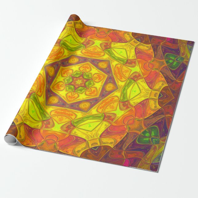 Papel De Presente Mosaico Mandala Flor Amarelo Laranja e Roxo (Desenrolado)