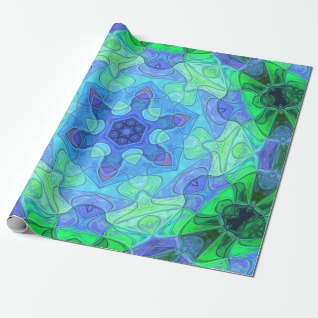 Papel De Presente Mosaico Mandala Flor Azul e Verde (Desenrolado)