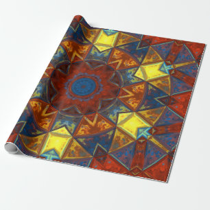 Papel De Presente Mosaico Mandala Flor Vermelho Amarelo e Azul