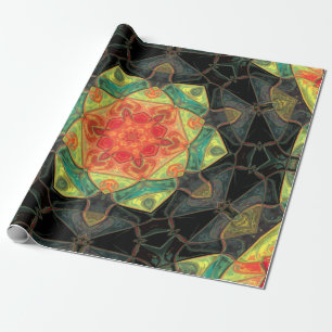 Papel De Presente Mosaico Mandala Flor Vermelho Amarelo Verde e Pret