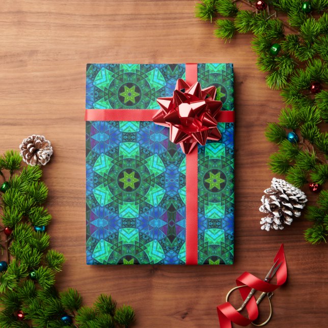 Papel De Presente Mosaico Mandala Verde e Azul (Presente de Natal)