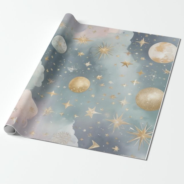 Papel De Presente Motivos celestes, como luas, estrelas (Desenrolado)