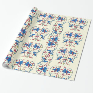 PAPEL DE PRESENTE MOTIVOS DE CORAÇÃO FLORAL VERMELHO AZUL FLORENTINO