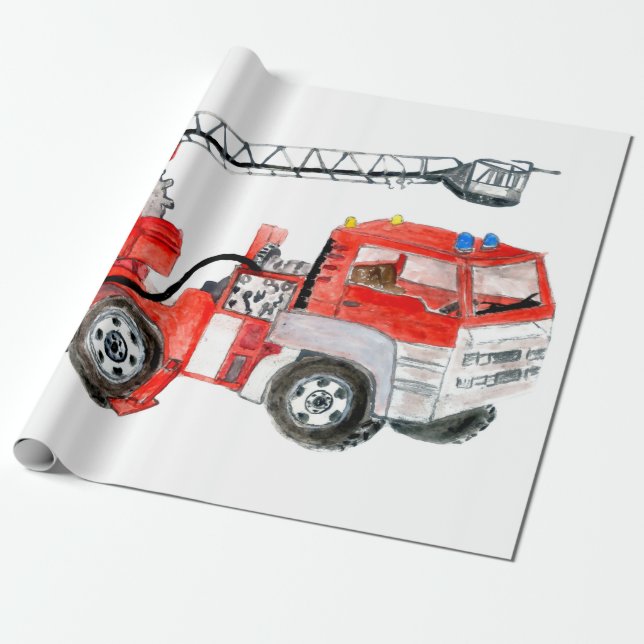 Papel De Presente Motor de incêndio vermelho, ilustração do caminhão (Desenrolado)