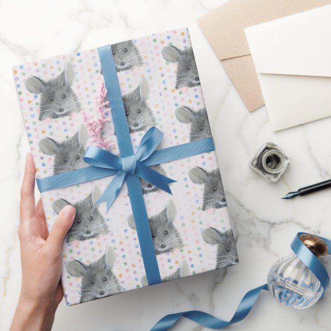 Papel De Presente Mouse cinza no Bolinhas (Presentear)
