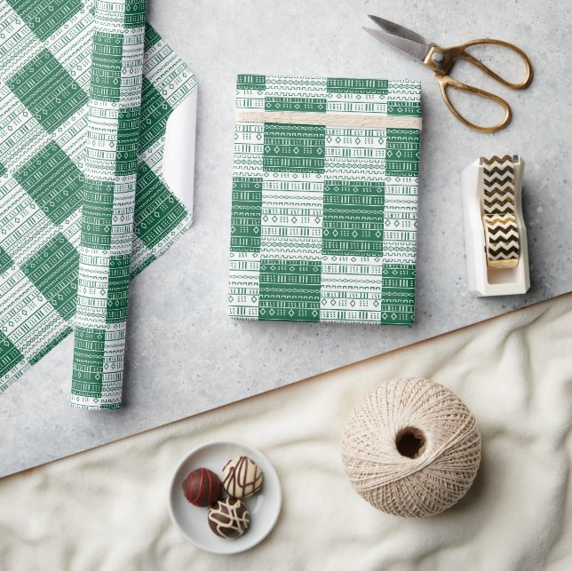 Papel De Presente Mudcloth Africano Inspirado Verde e Branco Moderno (Artesanato)