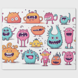Papel De Presente Muitos monstros amistosos e coloridos em branco
