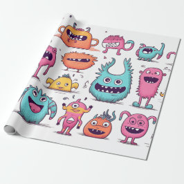 Papel De Presente Muitos monstros amistosos e coloridos em branco