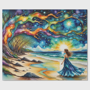 Papel De Presente Mulher, Colorida Árvore da Vida na praia oceânica