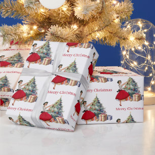 Papel De Presente Mulher do Natal de 1950 com árvore de Natal