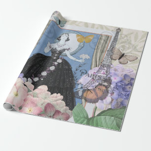 Papel De Presente Mulher Elegante Azul Vestido Floral Chique 