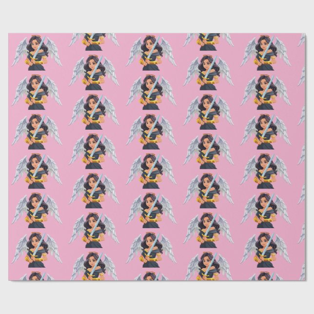 Papel De Presente Mulher fofa Anjo com asas abertas e espada (Aberto)