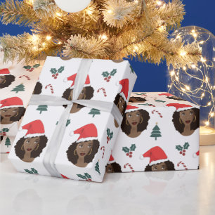 Papel De Presente Mulher Negra, Chapéu Vermelho de Papai Noel, Padr