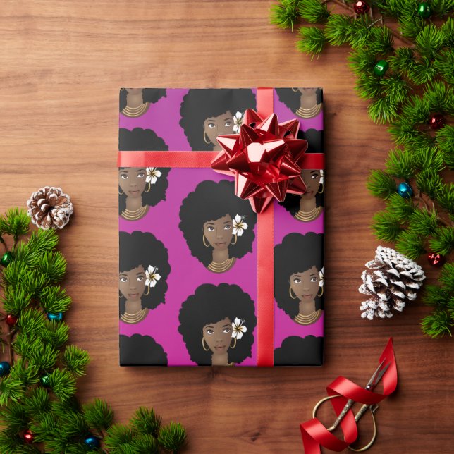 Papel De Presente Mulher Negra, Flor em Cabelo Natural, Magenta Rosa (Presente de Natal)
