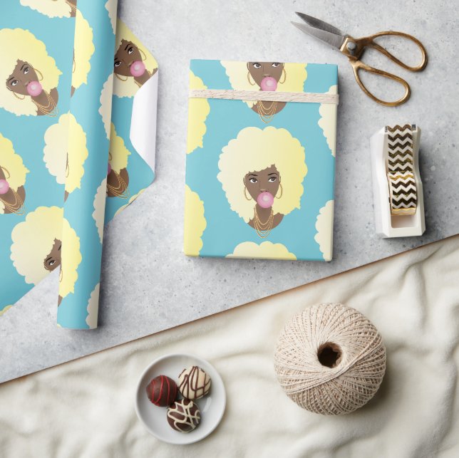 Papel De Presente Mulher Negra, Loura Afro, Bublegum Rosa, Azul (Artesanato)
