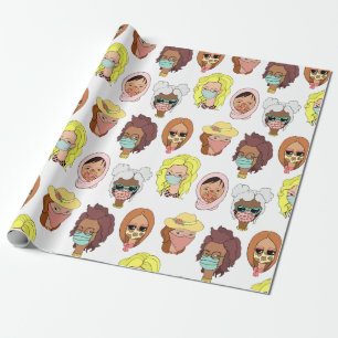Papel De Presente Mulheres Bonitas Vestindo Máscaras - Padrão de Ilu