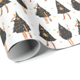 Papel De Presente Mulheres Vestidas em Árvore Negra de Natal, Branca