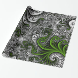 Papel De Presente Mundo Fantástico Arte Fractal Abstrata Verde e Cin