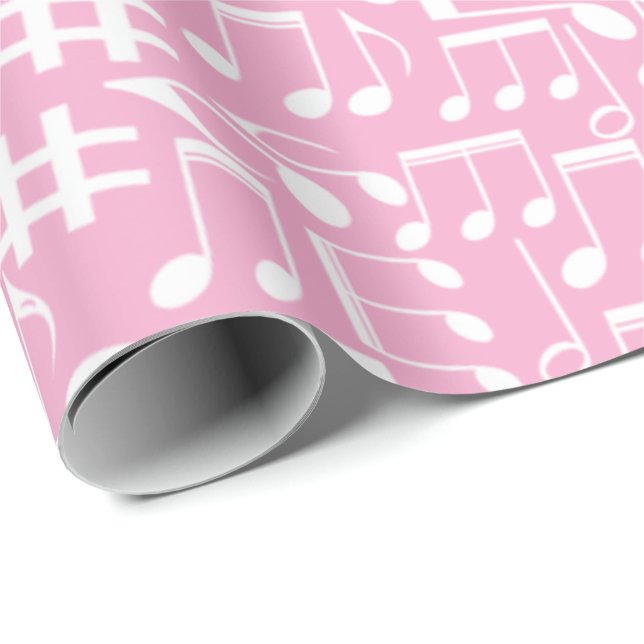 Papel De Presente Música Dançando Notas Brancas Rosa Suave (Ponta do rolo)