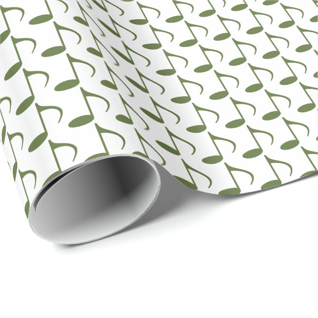 Papel De Presente Música Notas de Oitava Verde Oliva em Branco (Ponta do rolo)