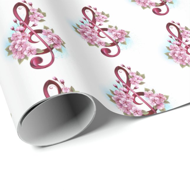 Papel De Presente Musical treble clef notes with Sakura flowers (Ponta do rolo)