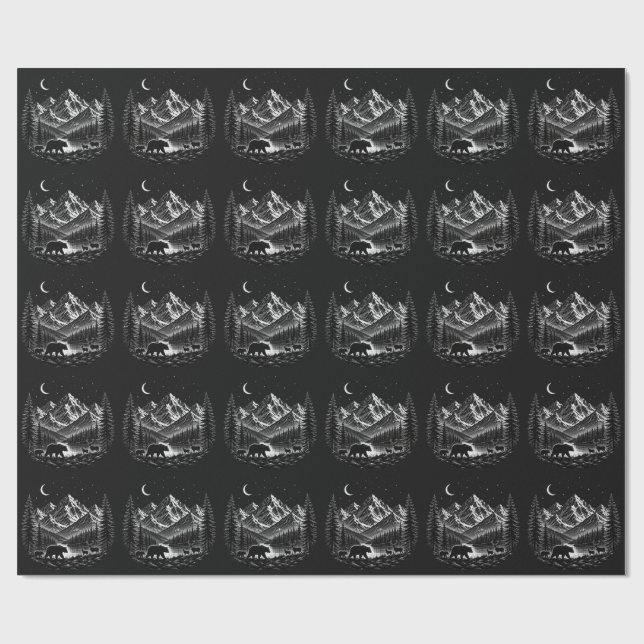 Papel De Presente Mystic Mountain Wilderness Night Estilo Linocut (Aberto)