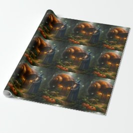 Papel De Presente Mystic wizard and glowing pumpkin forest premium m