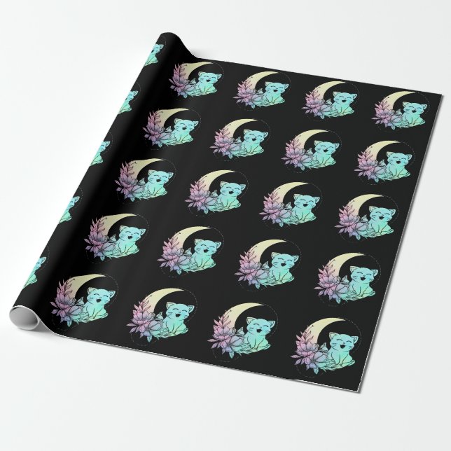 Papel De Presente Mystical Cat Crescent Moon Pastel Gótico Wicca (Desenrolado)