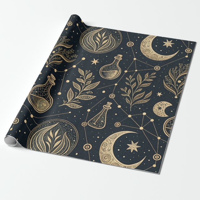 Papel De Presente Mystical Celestial Witchcraft - Gold Botanical (Desenrolado)