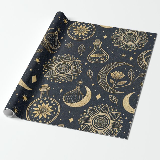 Papel De Presente Mystical Celestial Witchcraft - Gold Botanical (2) (Desenrolado)