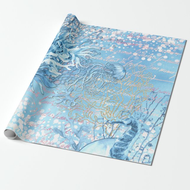 Papel De Presente Mystical ocean sonha água-vivas azul-marinho (Desenrolado)
