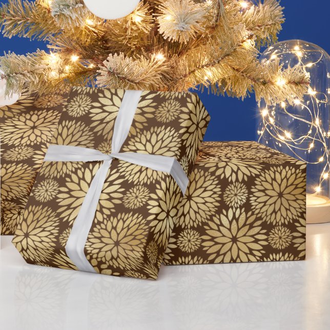 Papel De Presente Na moda Brown e Dourado padrão Dahlias (Feriados)