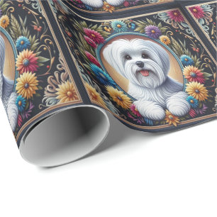 Papel De Presente Na moda Maltês Cão Floral Colorida Fronteira