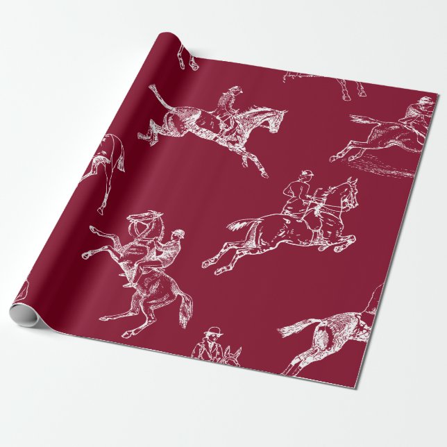 Papel De Presente Na moda Moderno Burgundy Horseback Toile (Desenrolado)
