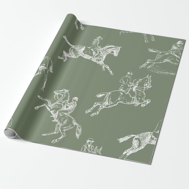 Papel De Presente Na moda moderno Sage Green Horseback Toile (Desenrolado)