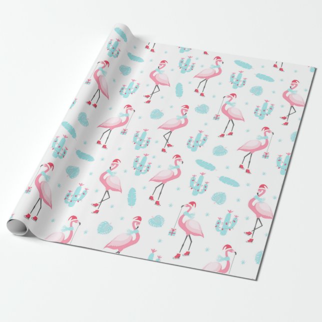 Papel De Presente Na moda Tropical Natal Rosa Flamingo Girly (Desenrolado)