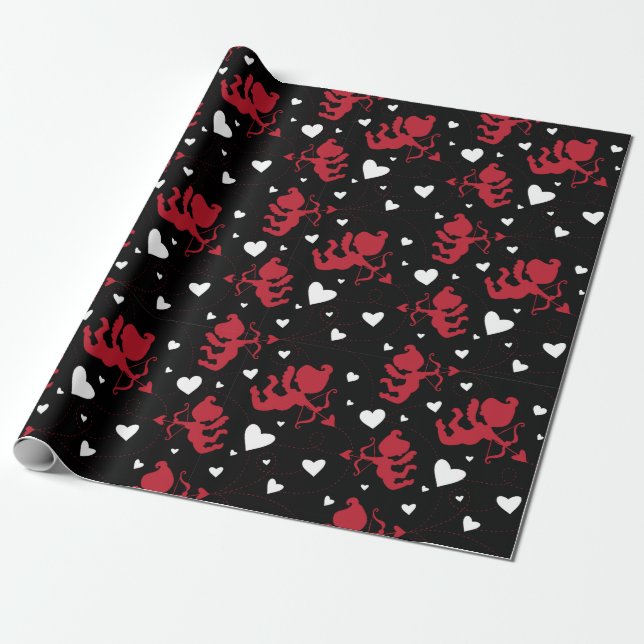 Papel De Presente Namorados de padrão Cupido Vermelho e Branco (Desenrolado)
