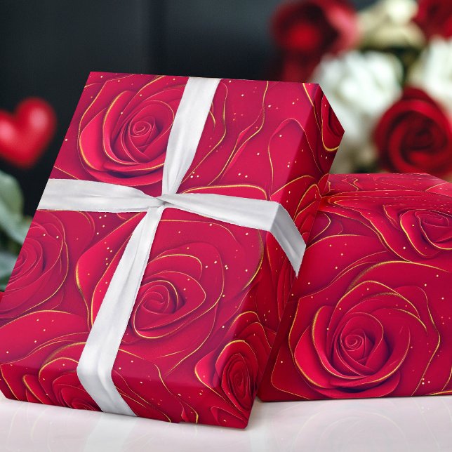Papel De Presente Namorados Romântico de Borda Dourada do Rosa verme (Red Roses Gold Border Romantic Valentine Wrapping Paper)