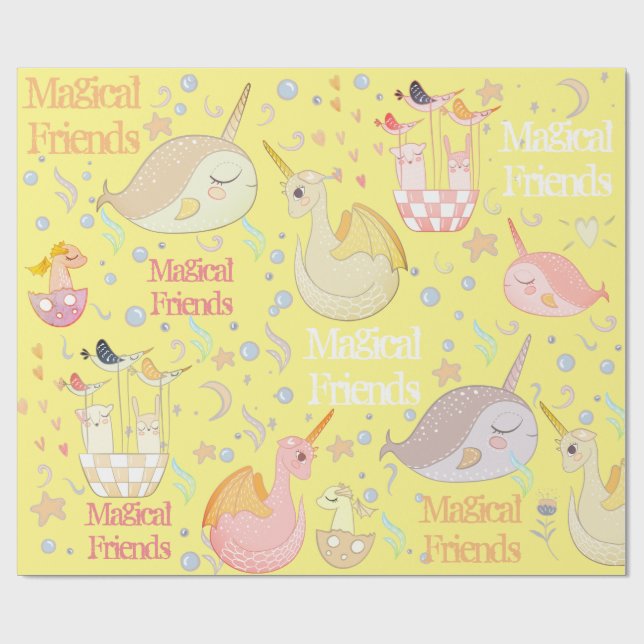 Papel De Presente Narval e Amigos Dragão Amarelo Personalizado (Aberto)