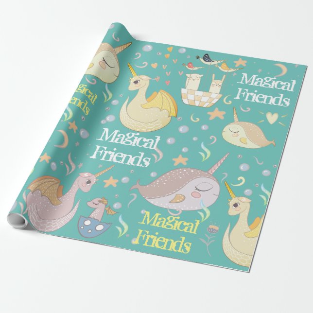 Papel De Presente Narval e Amigos Dragão Azul-Piscina Personalizado (Desenrolado)