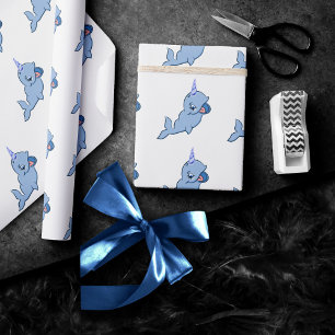 Papel De Presente Narwhal Blue   Adorável Chá para o Oceano Kawaii