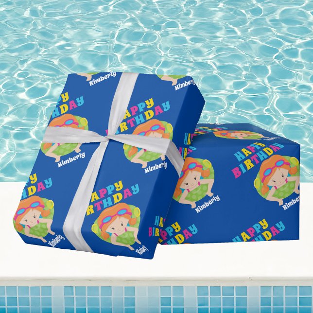 Papel De Presente Natação Team Rapariga Cuja Cabeça Vermelha Piscina (Criador carregado)
