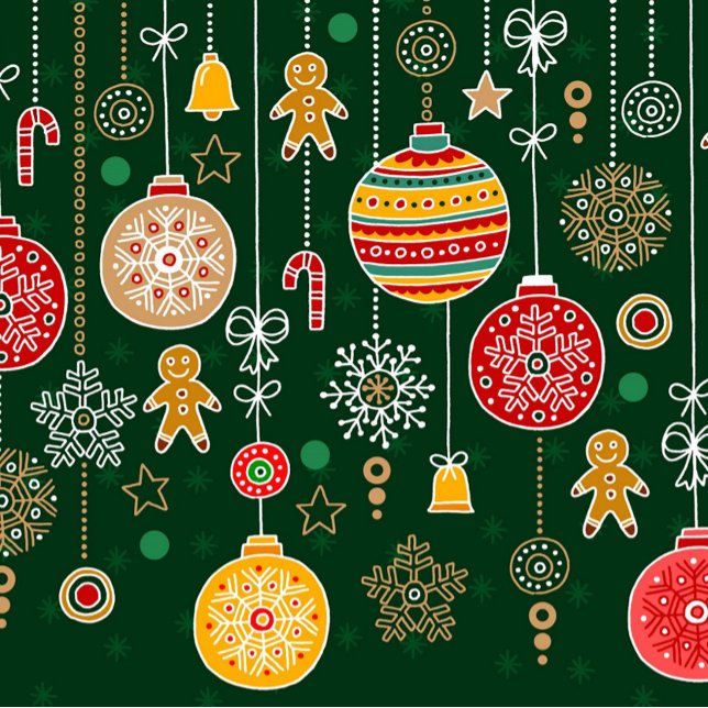 Papel De Presente Natais vintages (A festive seamless pattern on a dark green background, featuring a variety of Christmas-themed.)