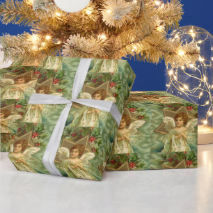 Papel De Presente Natais vintages, Anjo Vitoriano com Estrelas Doura