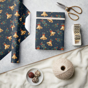 Papel De Presente Natais vintages Clássicos Sinos com Folhas Holly