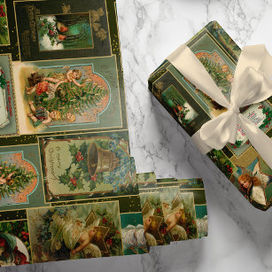 Papel De Presente Natais vintages Festivos Cartão Verde-Colagem BG