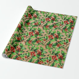 Papel De Presente Natais vintages festivos Red Holly Berries Kraft